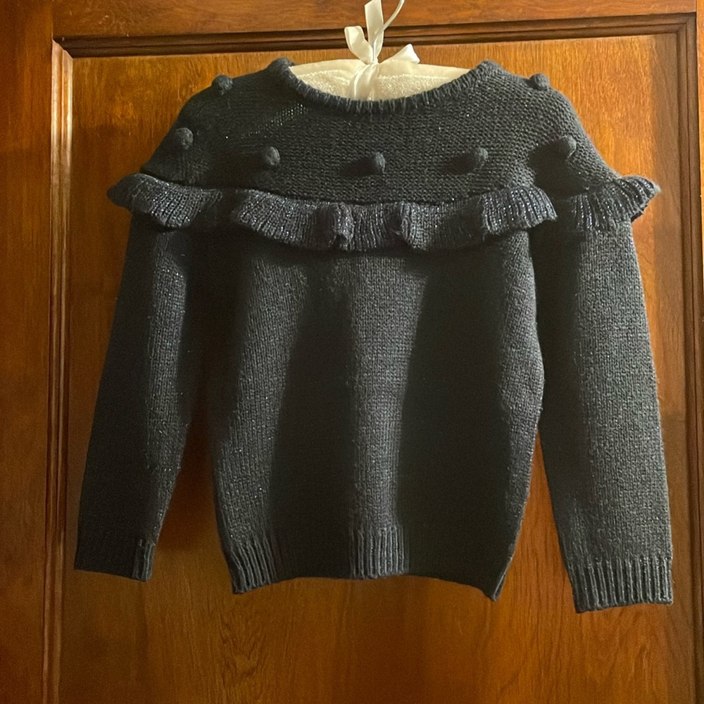 Girls Navy sweater w lurex, ruffle and pom detail